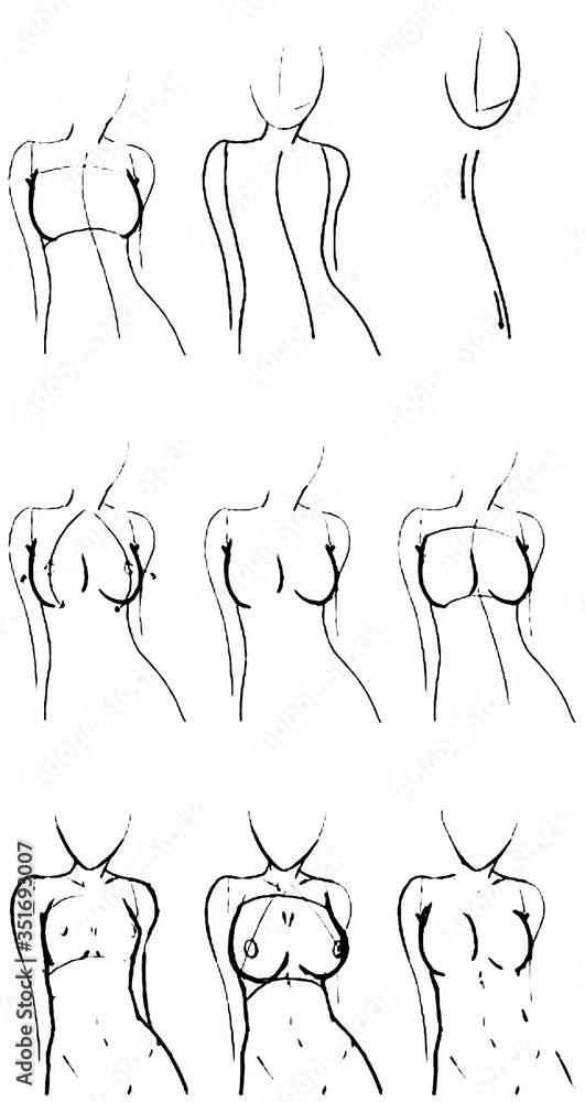 Female breast drawing tutorial. Drawing a woman's body with an emphasis on  breasts. Stock Illustration