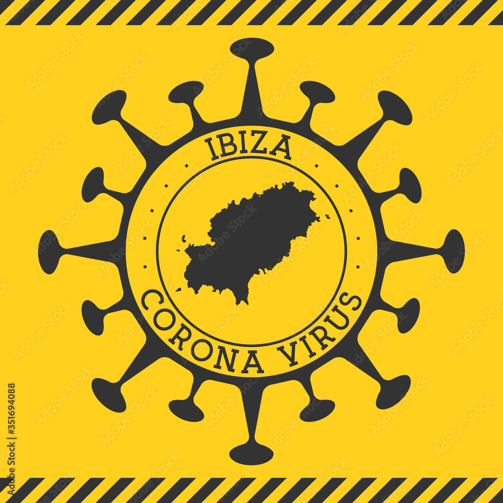 Corona virus in Ibiza sign. Round badge with shape of virus and Ibiza map. Yellow island epidemy lock down stamp. Vector illustration.