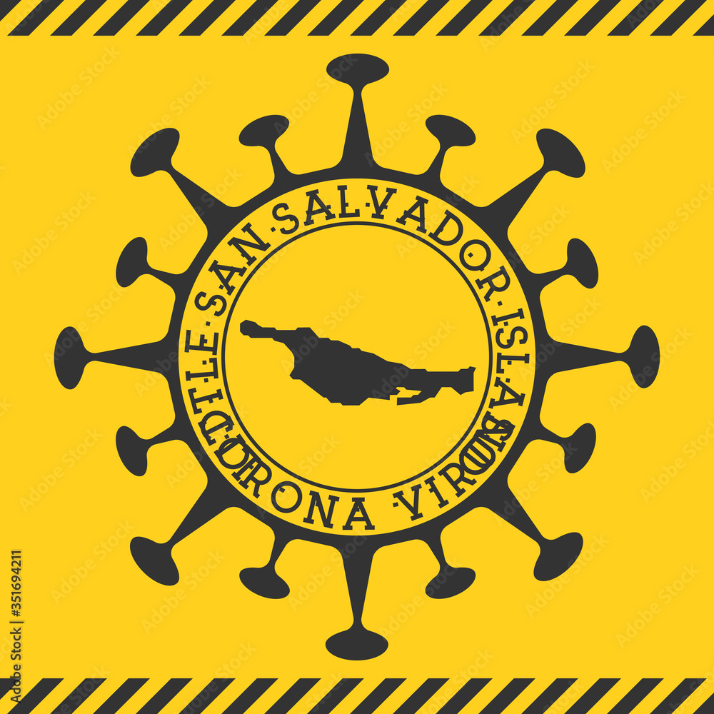 Corona virus in Little San Salvador Island sign. Round badge with shape of virus and Little San Salvador Island map. Yellow island epidemy lock down stamp. Vector illustration.