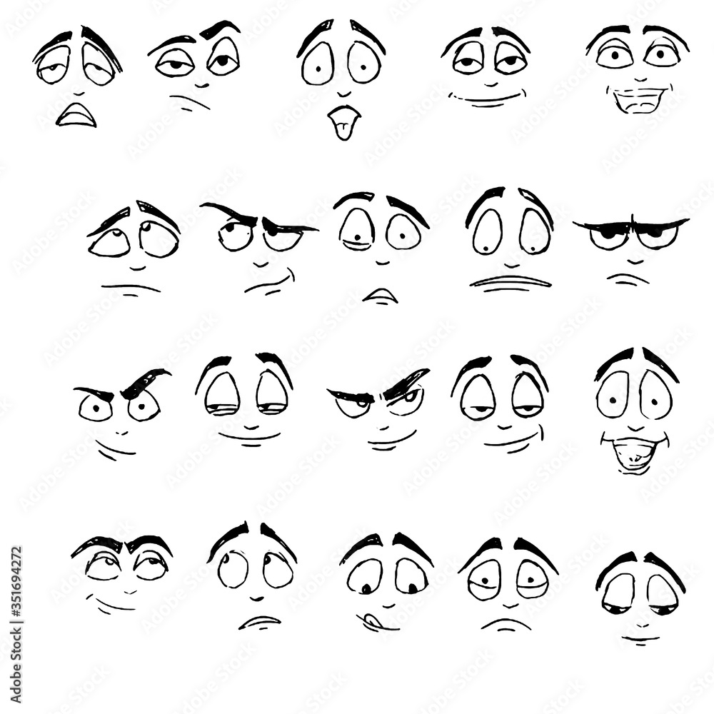 Drawing black and white emoji, emoticons. Different emotions on faces