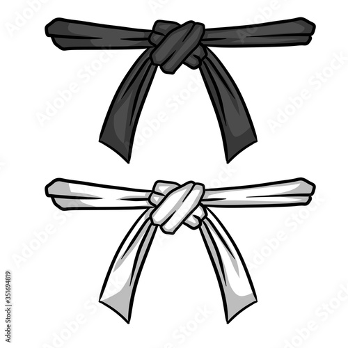Black and white belt karate and judo. Oriental combat sport. Element of clothing of fighter. Traditional Japanese kimono. Master level set. Hand drawn illustration