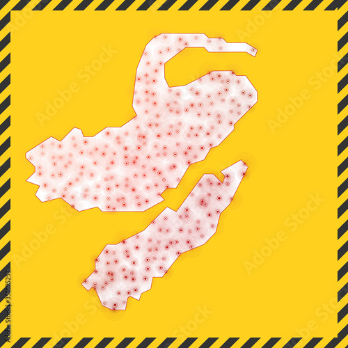 Nusa Lembongan closed - virus danger sign. Lock down island icon. Black striped border around map with virus spread concept. Vector illustration.