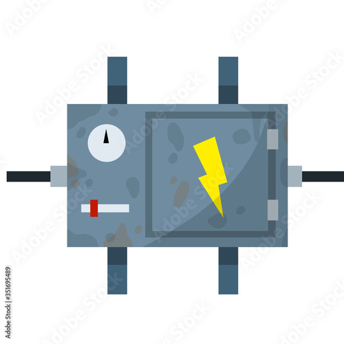 Switchboard. High voltage sensor. Technical industrial appliance. Danger sign - yellow lightning. Current switch. Cartoon flat illustration. Fuse and electrical engineering. Electrical wires in box
