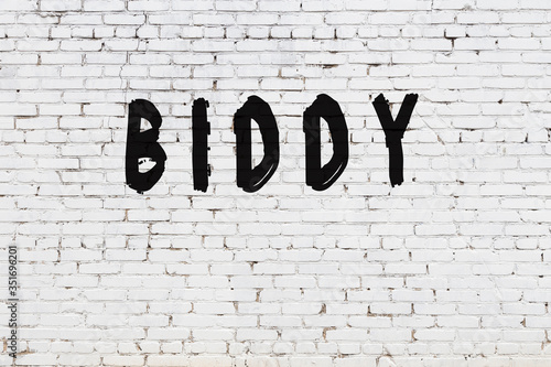 Word biddy painted on white brick wall photo