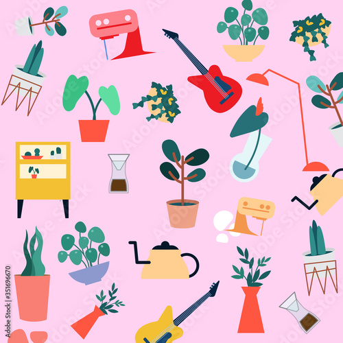 Relaxing activity in holiday or quarantine concept with cute equipment, plant, coffee, tea pot, guitar, sewing machine. Seamless pattern, theme collage, wallpaper background, Vector illustration.