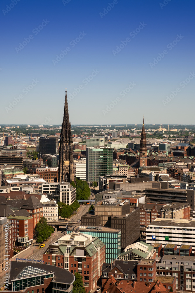 View of the central part of Hamburg and the church of St. Nicholas from the bell tower of the church of St. Michael. Germany