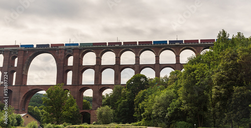 Goltzschtalbrucke railway viaduct with trains in Germany