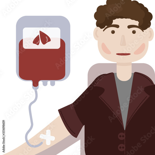 Vector flat illustration of a guy with red cheeks in a suit at the hospital. Volunteer blood donor. Blood transfusion, health care, world blood donor day.