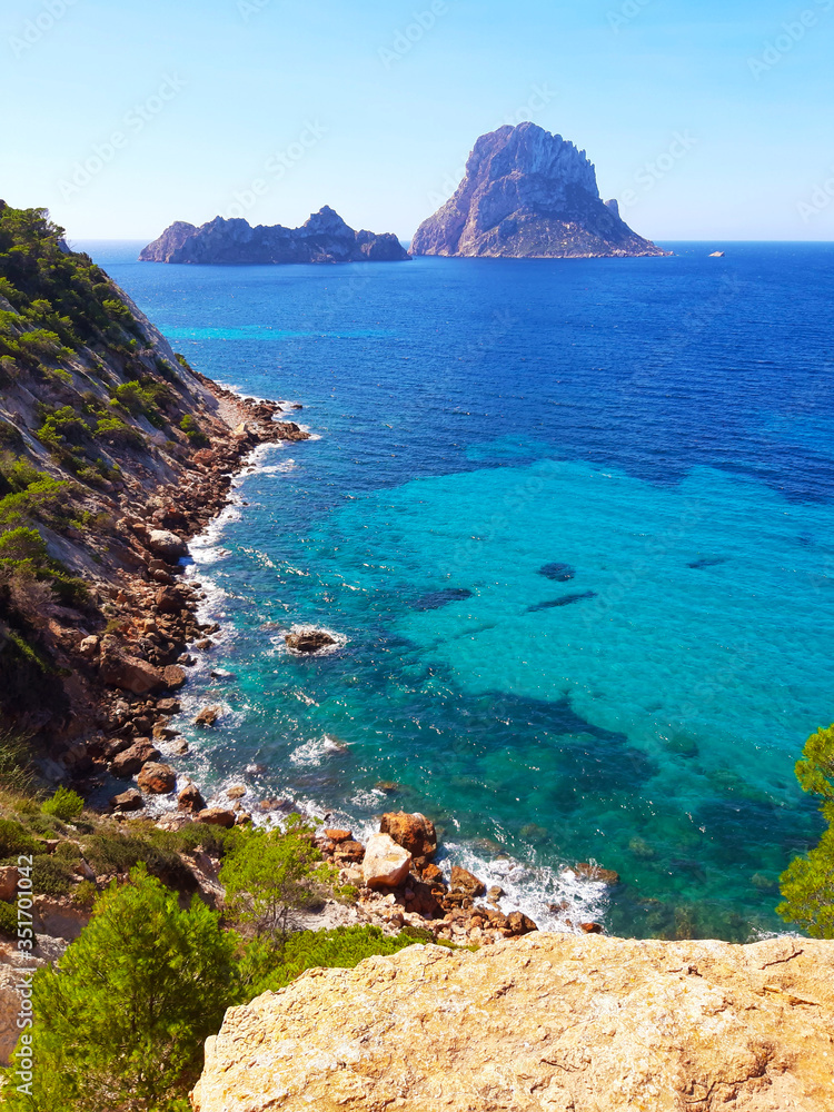 naturalistic maritime panorama of Es Vedra in the sea of ​​Ibiza from Cala d'Hort