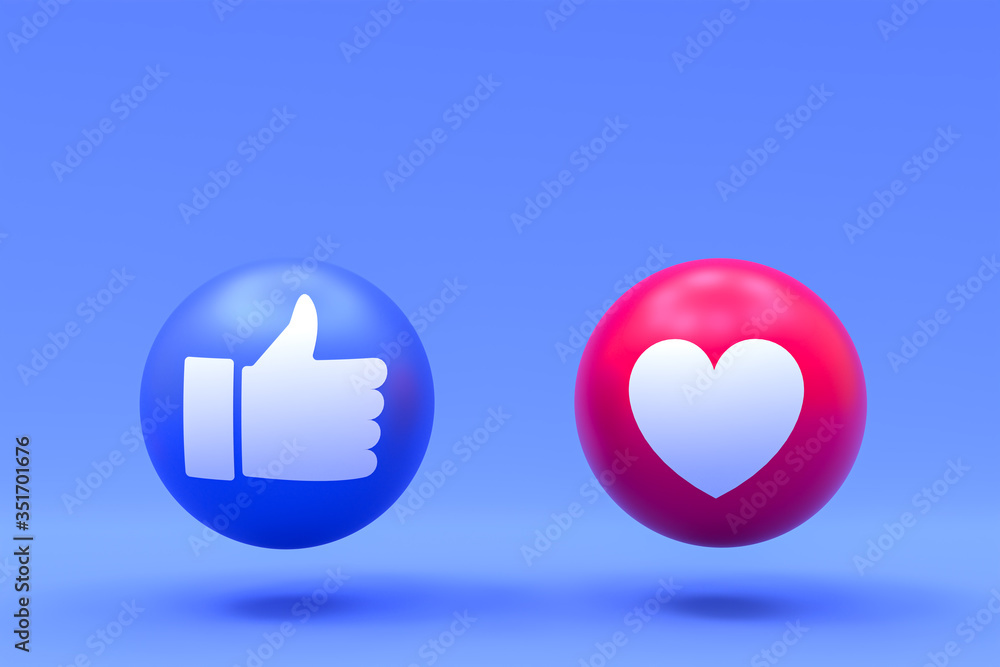 Facebook reactions like and love emoji 3d render,social media balloon symbol with facebook icons pattern - obrazy, fototapety, plakaty 