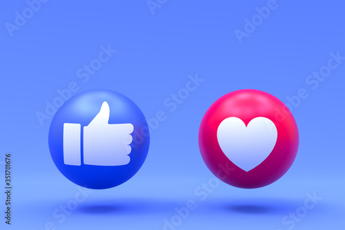 Facebook reactions like and love emoji 3d render,social media balloon symbol with facebook icons pattern