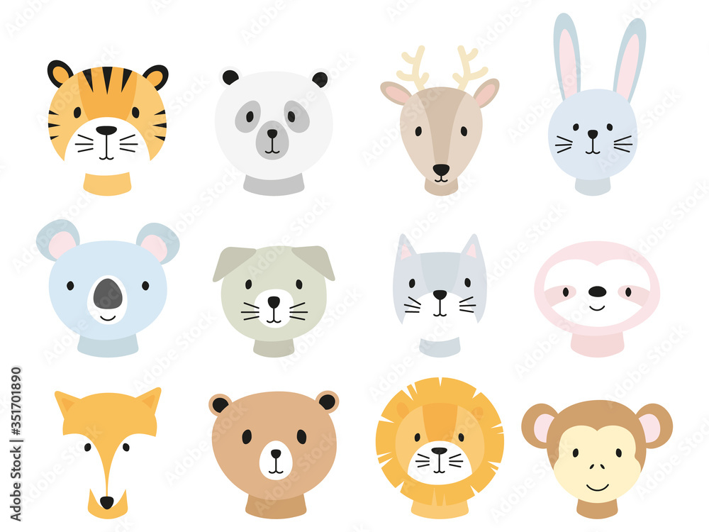 Cartoon cute animals set for children card. Tiger, panda, bunny, fox and other. Vector illustration isolated on white background.