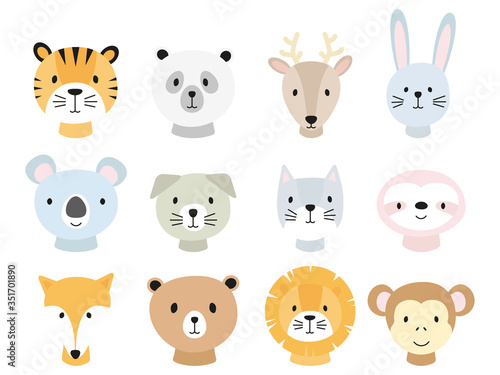 Cartoon cute animals set for children card. Tiger, panda, bunny, fox and other. Vector illustration isolated on white background.
