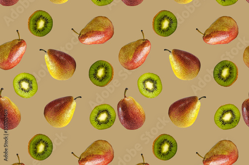 Fototapeta Naklejka Na Ścianę i Meble -  Seamless pattern of red and yellow pears and kiwi slices on a yellow background. The texture of the food