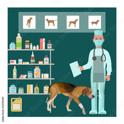 Vet clinic with veterinarian doctor and sick dog