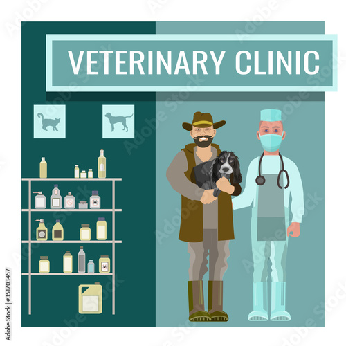 Vet clinic with veterinarian doctor and dog owner