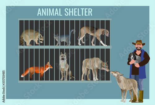 Animal shelter with pets and owner with dogs