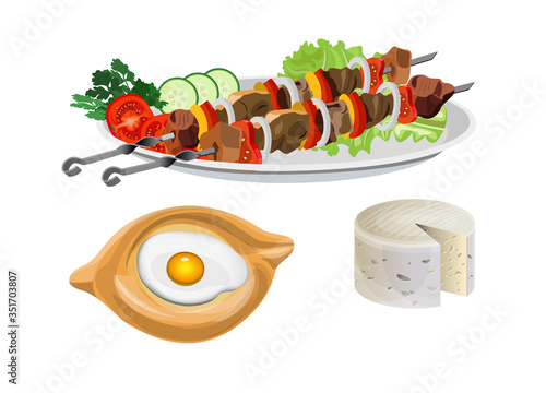 Shashlik, khachapuri with egg and soft cheese.