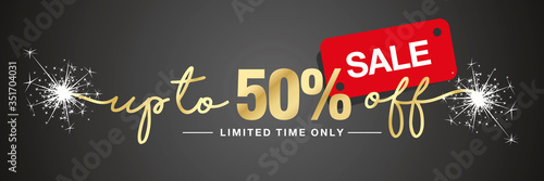 50 percent off sale handwritten and display tipography lettering sparkle firework gold red sticker black friday banner