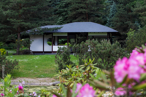 Pavilion and fantastic nature in japanese garden in Moscow