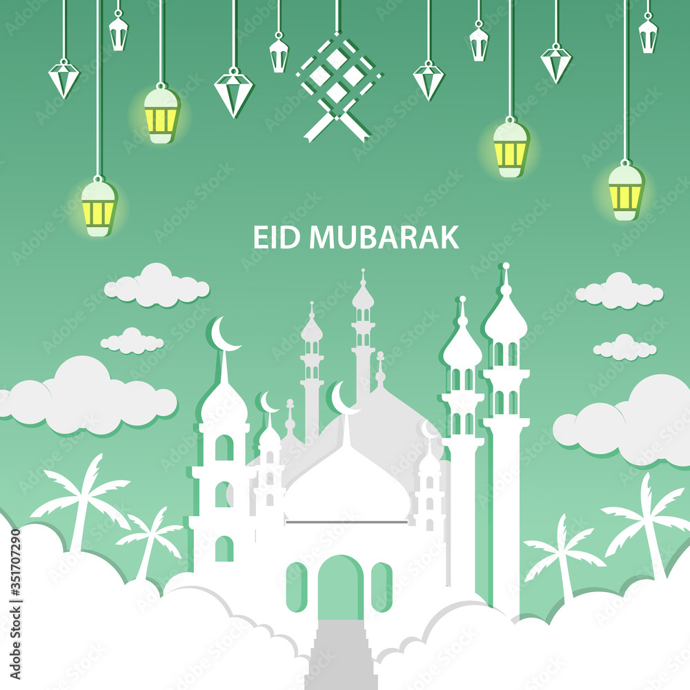 illustration of happy eid mubarak's background paper style for Muslims. greeting cards, banners, flyers, posters. graphic design