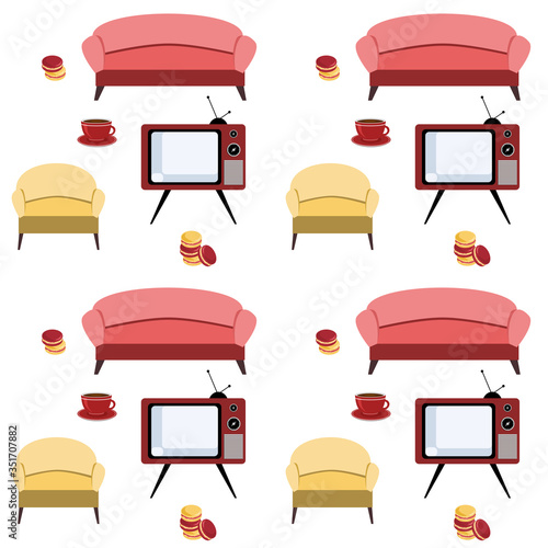 Tv, chair, sofa, coach, coffee, macarons. Retro broadcast, seamless pattern. Colorful abstract vector. photo