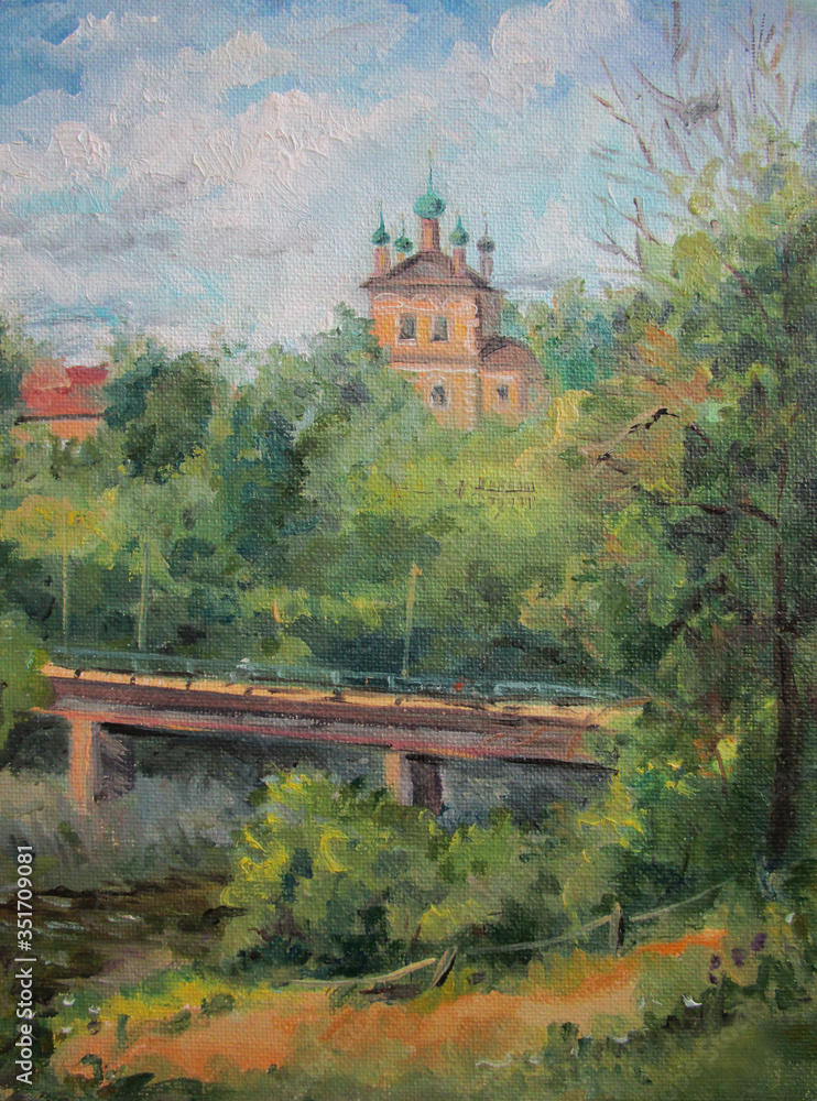 Russian town in summer, bridge, oil painting