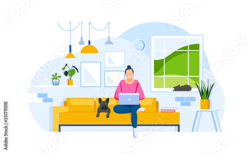 Woman sits on sofa and work from home with a trendy laptop. A dog and cat lie around on a couch and windowsill. Concept of living room with sofa, plants, girl, lamps, person indoor job free-lance remo