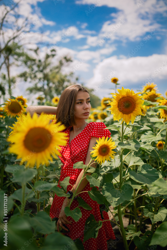 young beautiful caucasian girl in red dress in white dots stay in sunflower field young beautiful caucasian girl in red dress in white dots stay in sunflower field