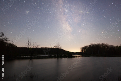 Milkyway Galaxy reflected in pond at night