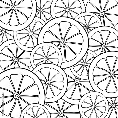 Pattern with linear orange fruit on white background. Sketch for coloring booking page,print, textile, background. Vector illustration