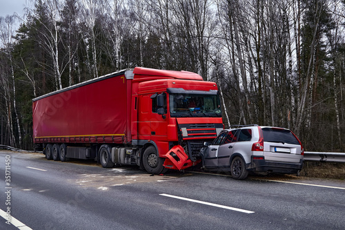 Car after a collision with a heavy truck