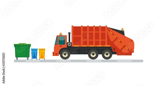 Refuse truck picking up garbage. Flat style vector illustration.
