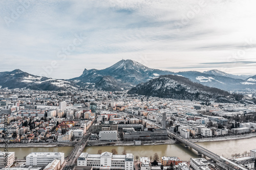 Aerial drone shot view of Salzburg northern city with view of Ga