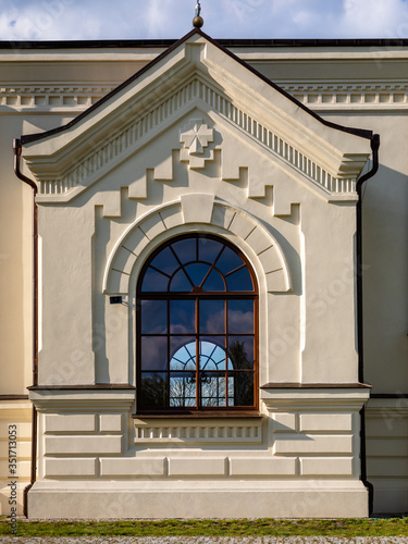 Window, part of building sacral architecture. Church Byzantine architectonic style. Kosyn, Poland, Europe.