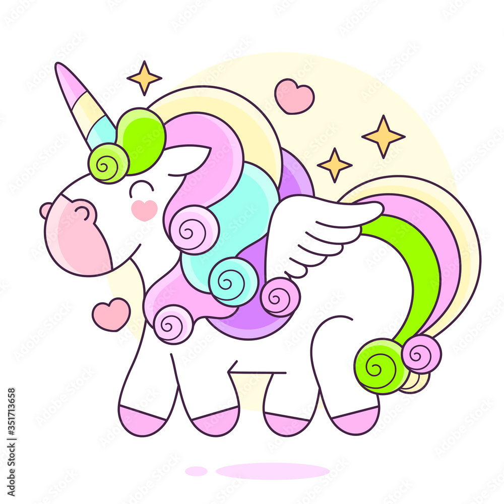 Fototapeta premium Cartoon Unicorn Standing Vector Suitable For Greeting Card, Poster Or T-shirt Printing.