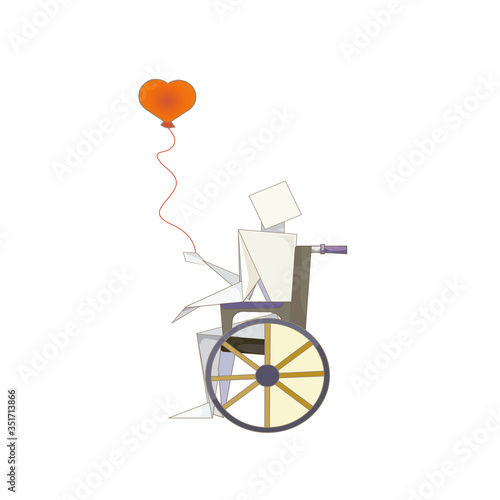 Disabled origami character on wheel chair with a heart balloon on white isolated background, vector illustration for prints, logos, icons or symbols, also can be used as an original art in Medicine.