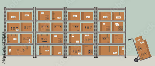 Warehouse. Storage. Shelvings with cardboard boxes. Warehouse racks. There is also a work trolley with boxes in the picture. Vector flat illustration