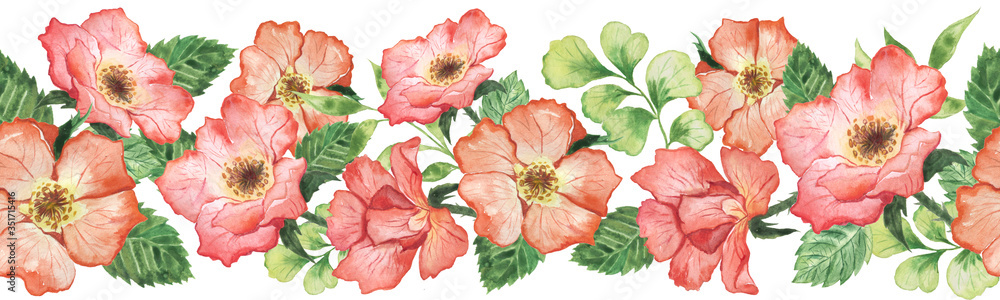 Seamless watercolor border with rose hip flowers. Seamless pattern.