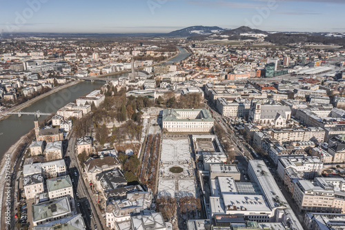 Aerial drone view of snowy Mirabelle Palace in Salzburg downtown