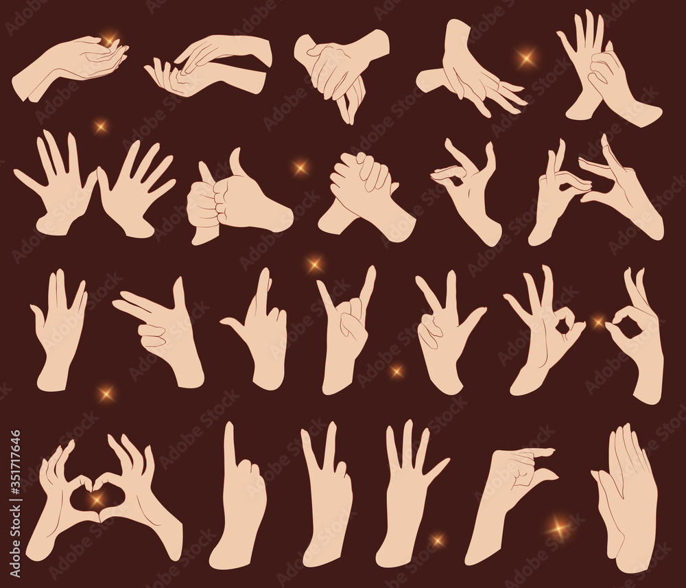Hands gesturing isolated on a dark background. A colored set of well-groomed hands with a pleasant natural skin color. Vector illustration of hands with delicate elegant outline.