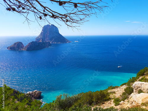 naturalistic maritime panorama of Es Vedra in the sea of ​​Ibiza from Cala d'Hort
