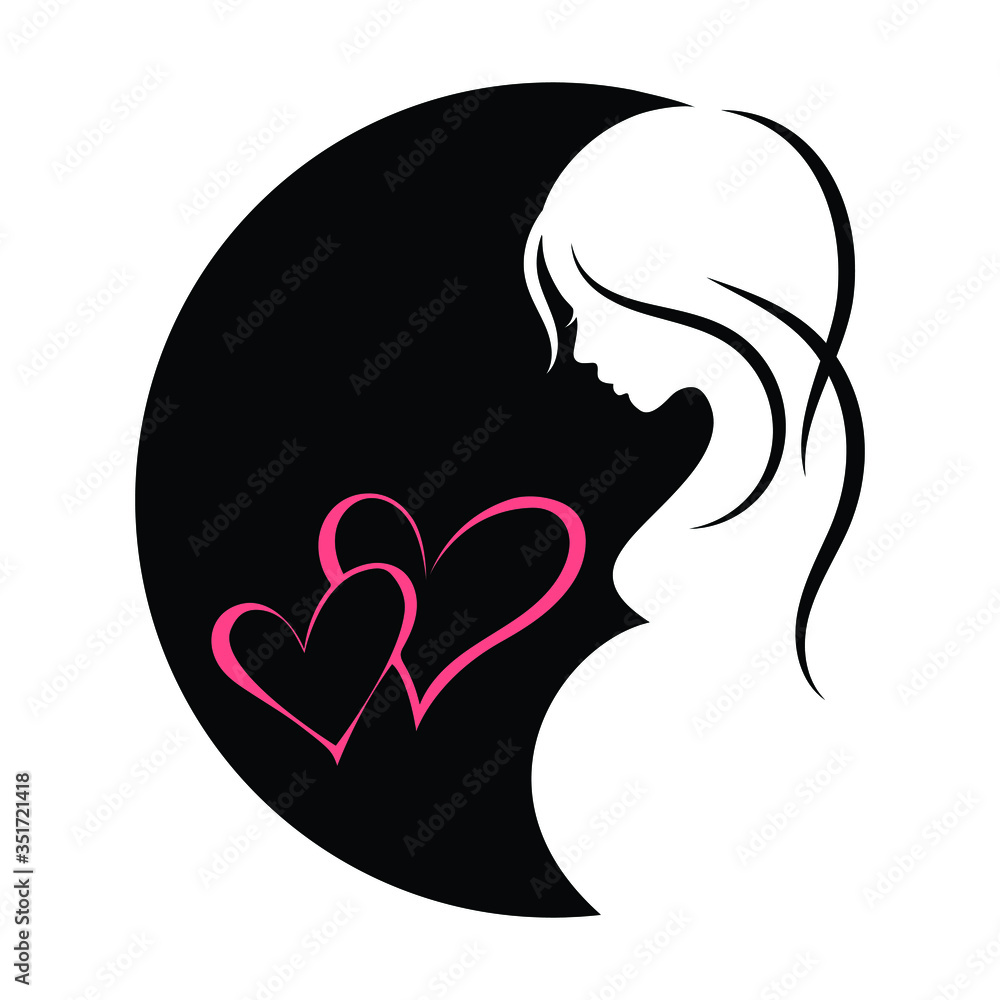 Emblem of a pregnant woman with hearts enclosed in a circle.