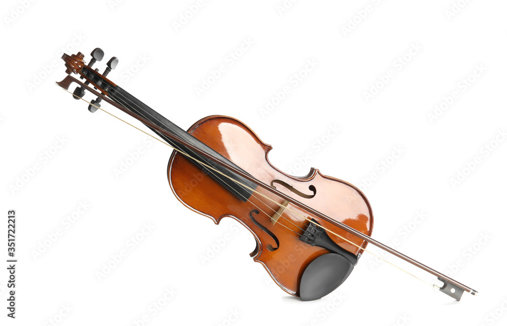 Fototapeta premium Classic violin and bow on white background. Musical instrument