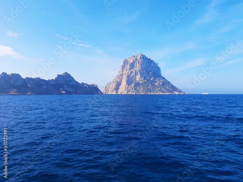 naturalistic maritime panorama of Es Vedra in the sea of       Ibiza from Cala d Hort