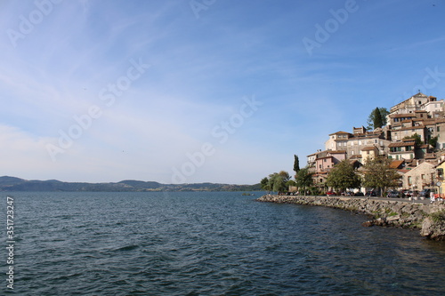 view old village on the bank of lake with sky beautiful landscape 