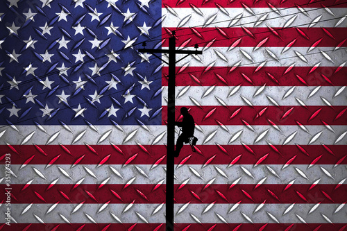 Photography Lineman Climbing with Gritty USA Flag Background