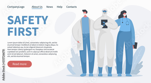 Flat vector banner landing concept with brave doctors and nurses in special isolated protected uniform. Safety first slogan. Frontline of fighting with covid 19 pandemic and illness.