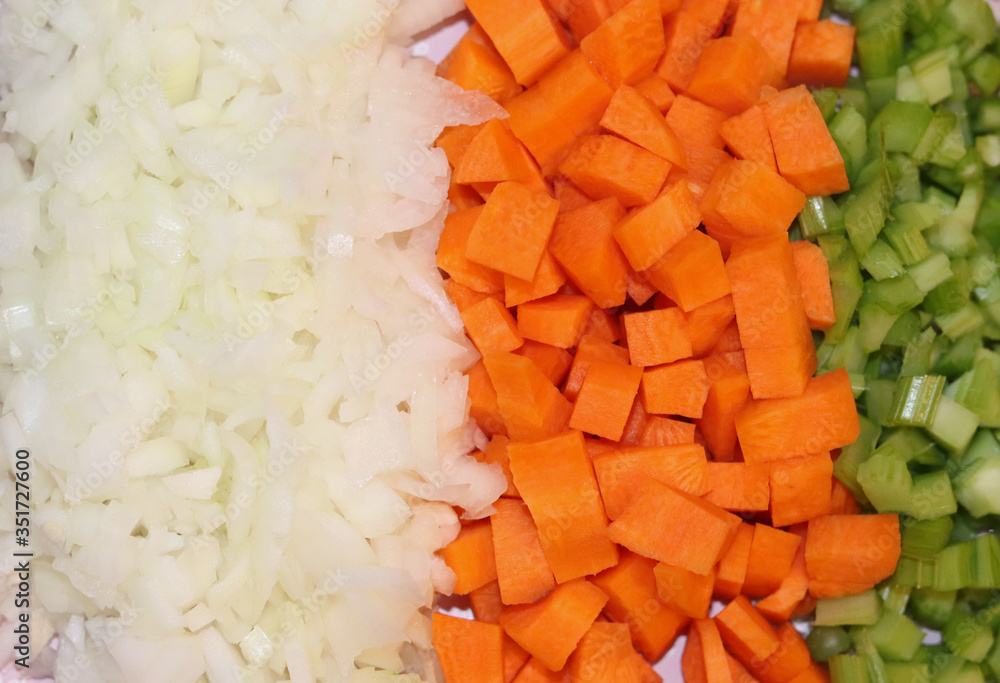 Mirepoix, the combination of carrot, celery and onion, is widely used in the preparation of different dishes. Mirepoix, the combination of carrot, celery and onion, is widely used in the preparation of different dishes.