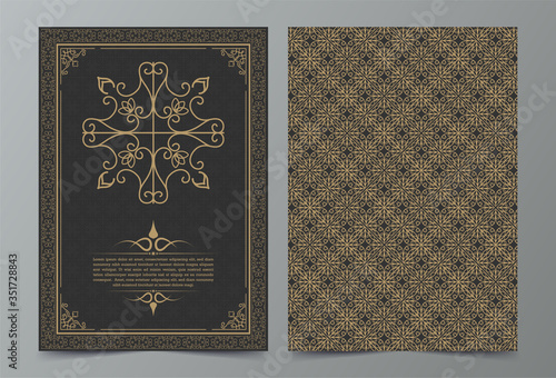 Vintage ornament greeting card vector template. Retro wedding invitation, advertising or other design and place for text. Flourishes ornamental frame and pattern background.	